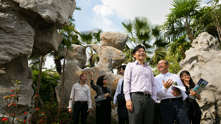 Minister for National Development & Second Minister for Finance Lawrence Wong is taken on a tour of Gardens by the Bay’s newest attraction The Canyon by its designer, Japanese landscape architect Jun-ichi Inada (right).