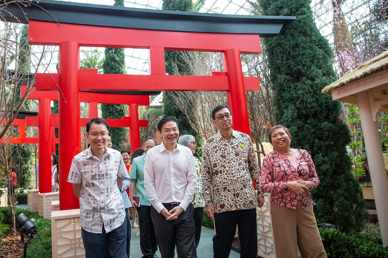 From left: Gardens by the Bay CEO Felix Loh, Minister Lawrence Wong, Ambassador of Japan to Singapore His Excellency Jun Yamazaki and Gardens by the Bay Senior Assistant Director of Conservatory Operations Marziah Haji Omar tour Sakura Matsuri.
